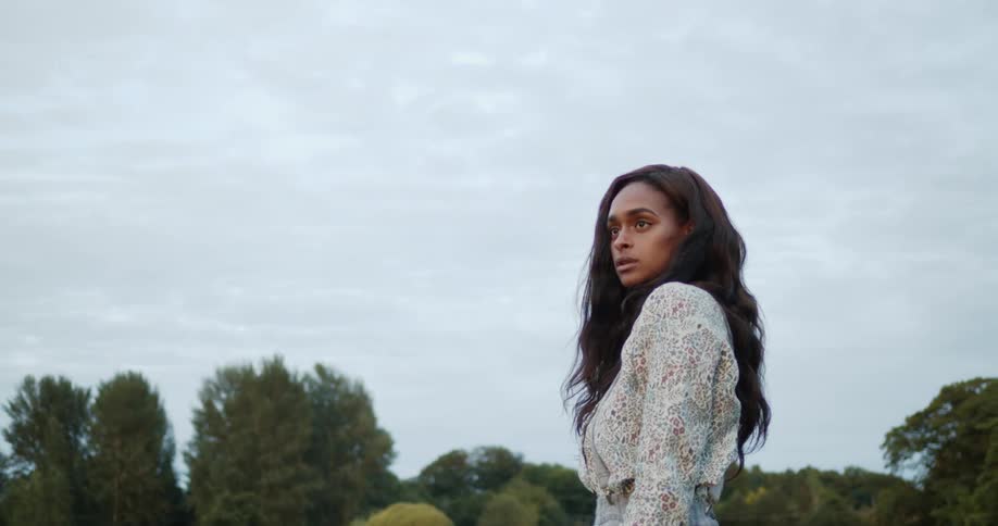 Long haired young woman standing on a field at evening