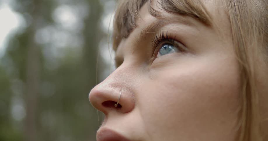A woman with a nose ring stands in a forest and looks up at the tall trees