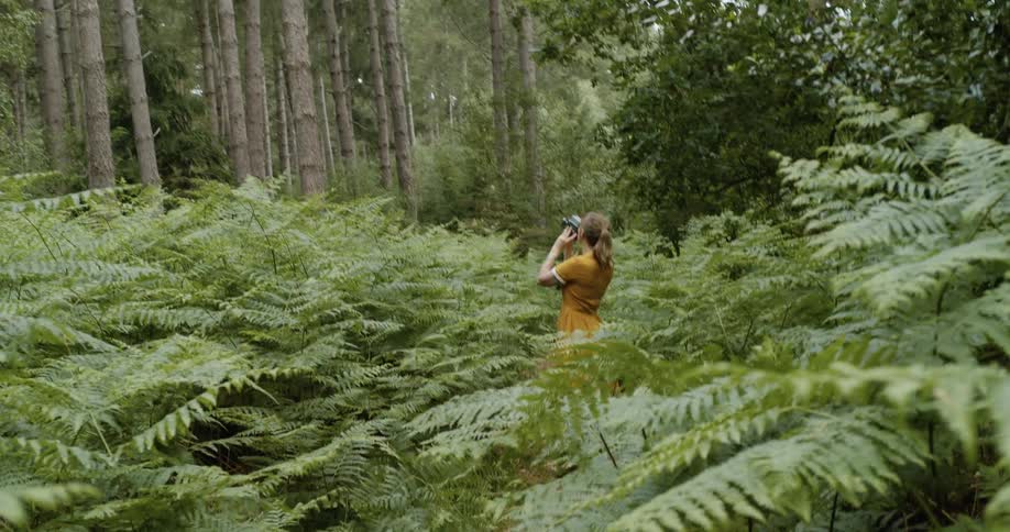 A woman is standing in the middle of the forest using a camera