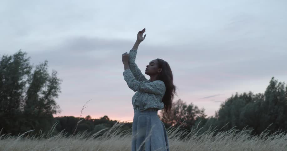 Long haired young woman wearing a long dress standing on a grass field at sunset