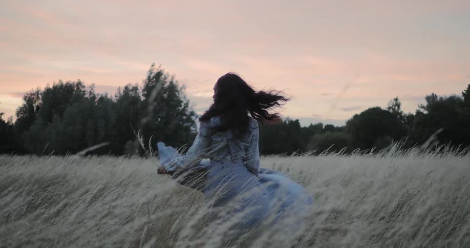 Woman wearing dress twirls in meadow of tall grass as sun tints sky red over woods