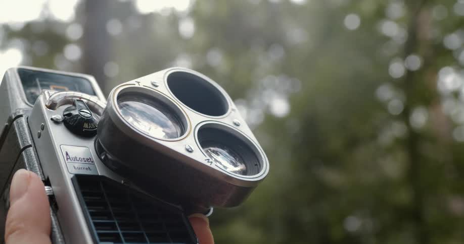 Close up of the camera lenses on a vintage film camera outdoors