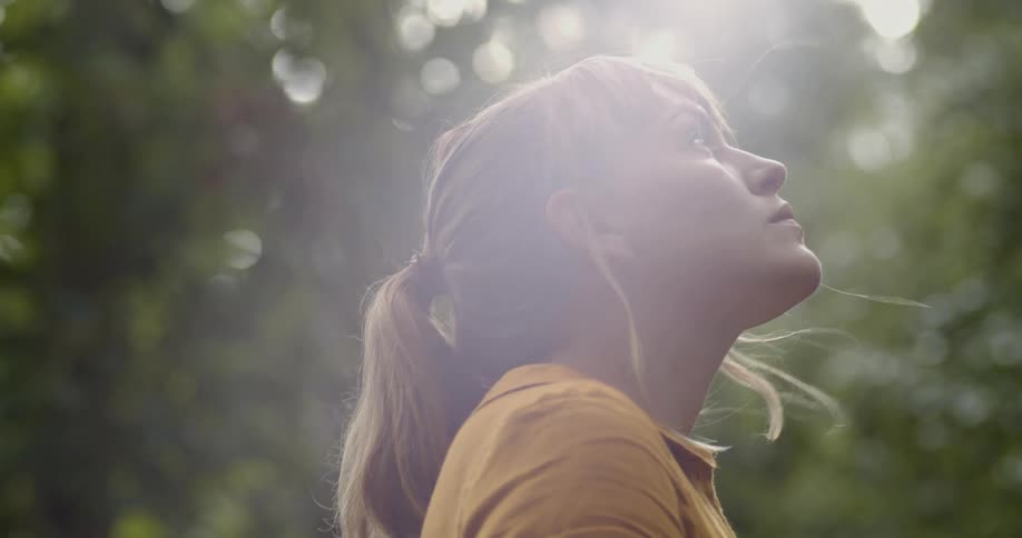 A young woman standing outdoors looks up at the foliage of the trees surrounding her on a sunny day