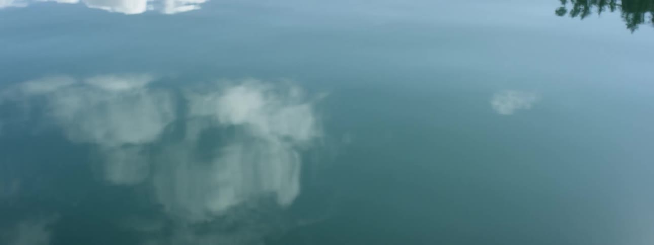 Close up of a lakes surface with clouds and trees reflecting