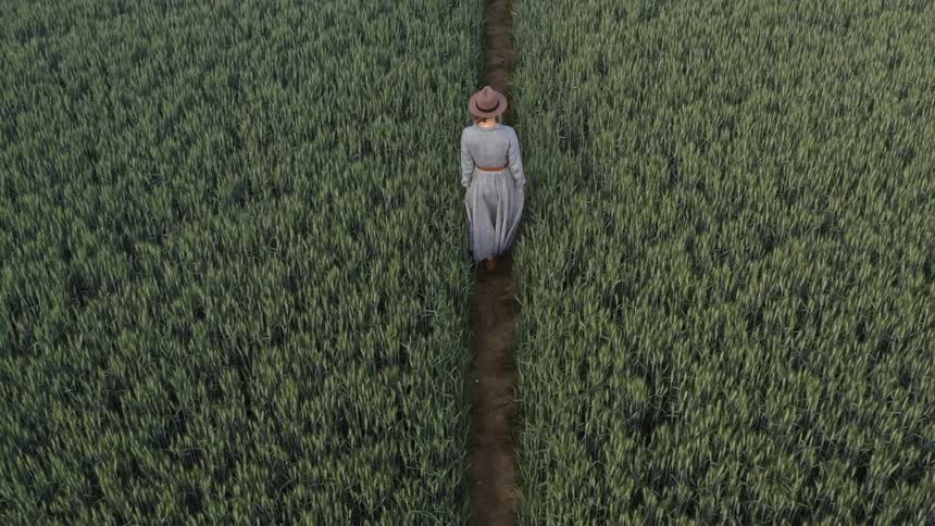 Woman wearing dress walks along path between crops in field