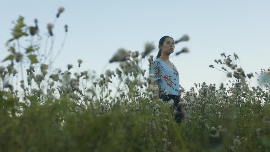 A woman standing in a field of flowers