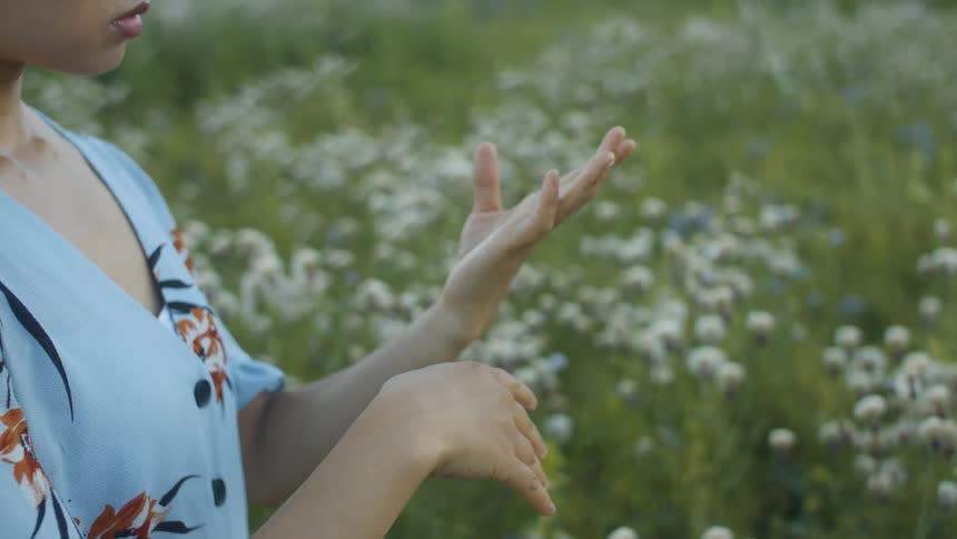 Woman looking at her hands in a flower field