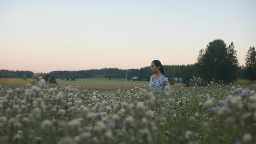 A woman walking on a grassy field with flowers and with trees the sky and clouds in the background