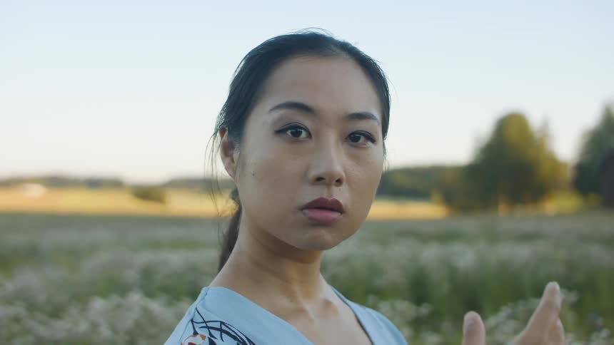 A woman is standing in a field of flowers at dusk