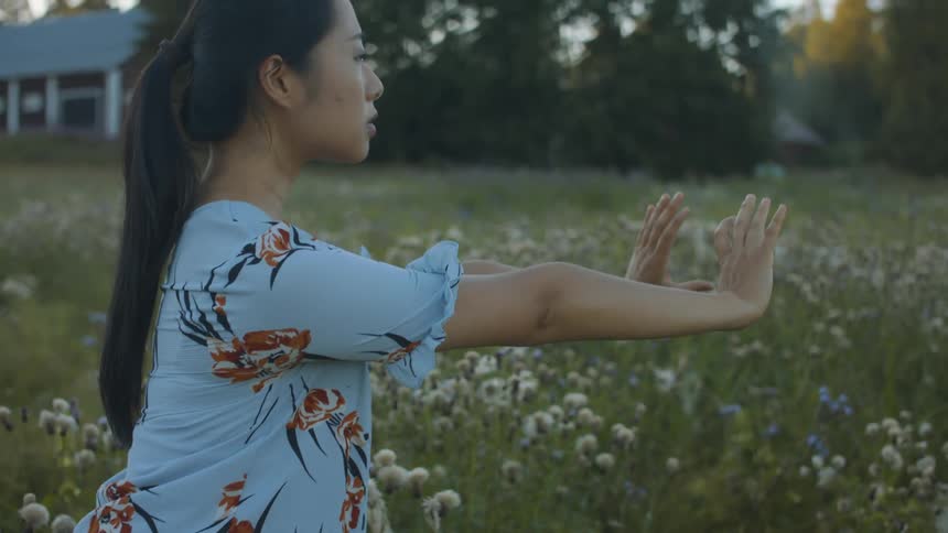 A woman standing in a field of wildflowers practices martial arts movements