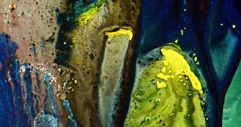 Painting contains bright contrasting colors and textures