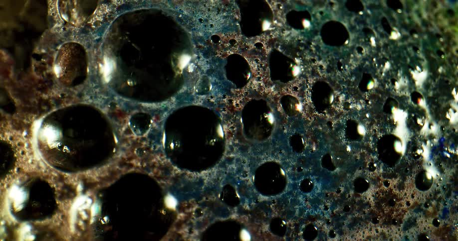 Bubbles forming in the foam over a colorful dark liquid