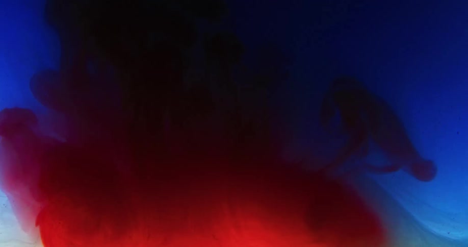 Red liquid ink spreading in a cloud on a pool of blue ink