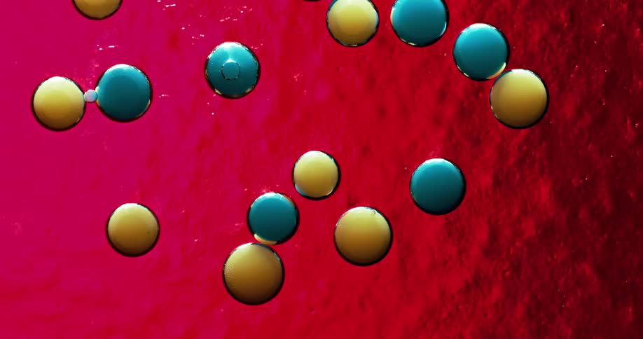 Yellow and blue circles in a red liquid under a microscope