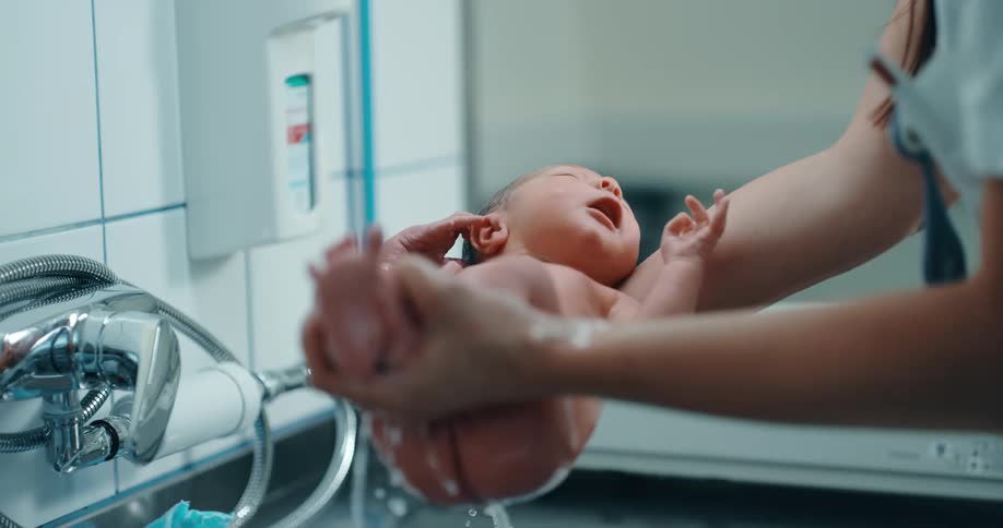 A baby being lifted from a bath