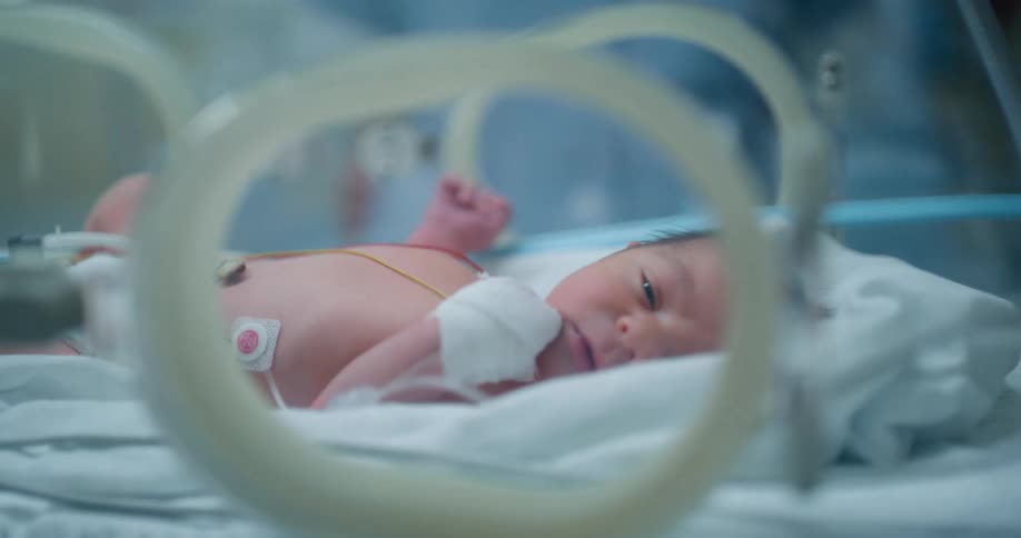 A newborn baby lying in an incubator in a hospital