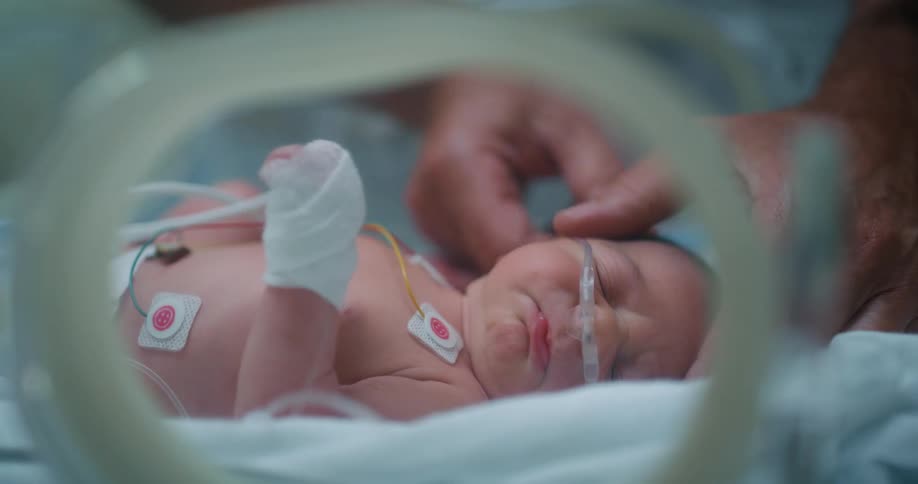 A doctor attaches oxygen to a newborn baby