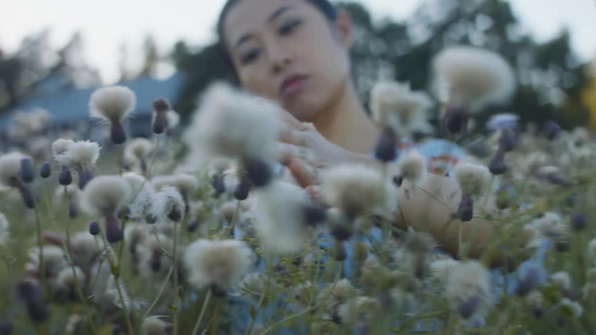 A woman is sitting by flowers in a meadow