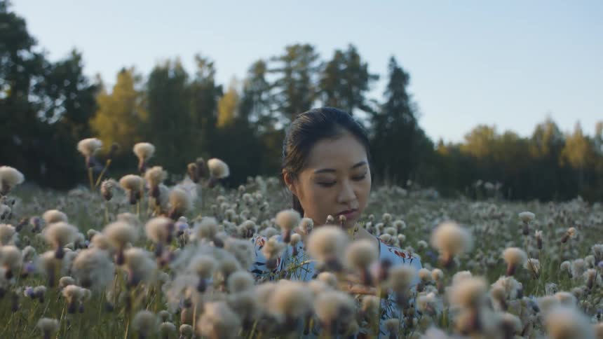 A young woman standing in a field of flowers