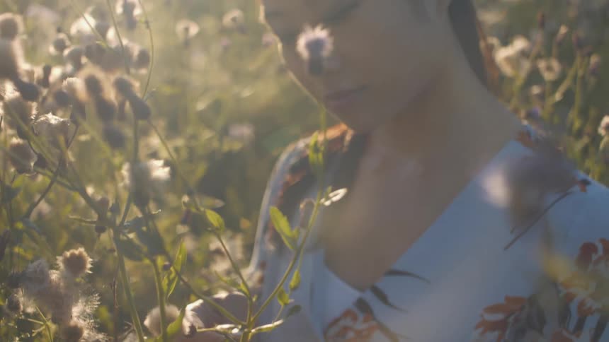 Woman standing in a meadow picking flowers off of a stem