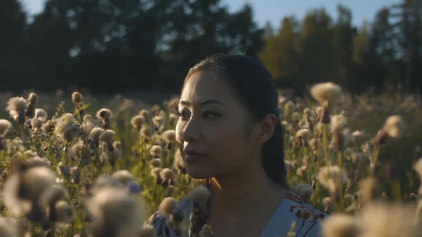 A woman is sitting in a meadow of flowers