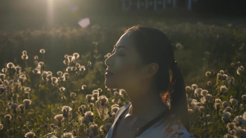 Woman stands in meadow surrounded by wild flowers with the sun set causing a flare behind her and a fence in the background