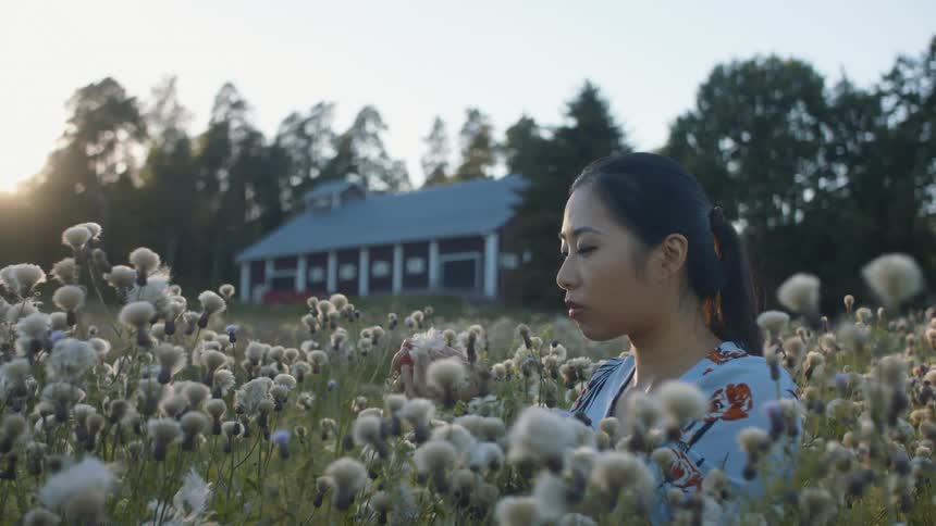 A woman in a grassy field with flowers blowing on dandelions with the sky and clouds in the background