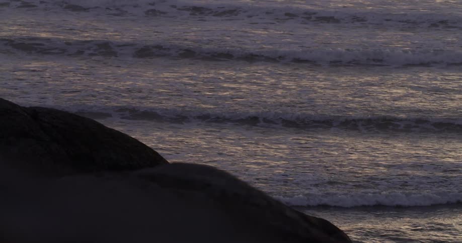 Waves rolling in front of coastal bluff at dusk