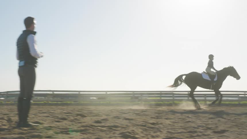 A girl riding a young horse learning showjumping in a corral on a farm