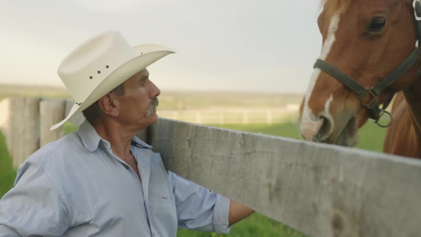 Rancher wearing cowboy hat feeds a horse through a wooden fence in a ranch