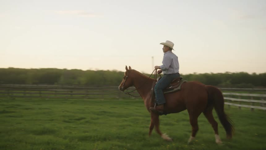A man wearing a cowboy hat riding a horse in a corral at sunset