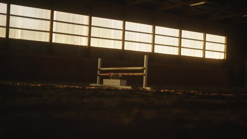 Evening sunlight entering an indoors equestrian obstacle course