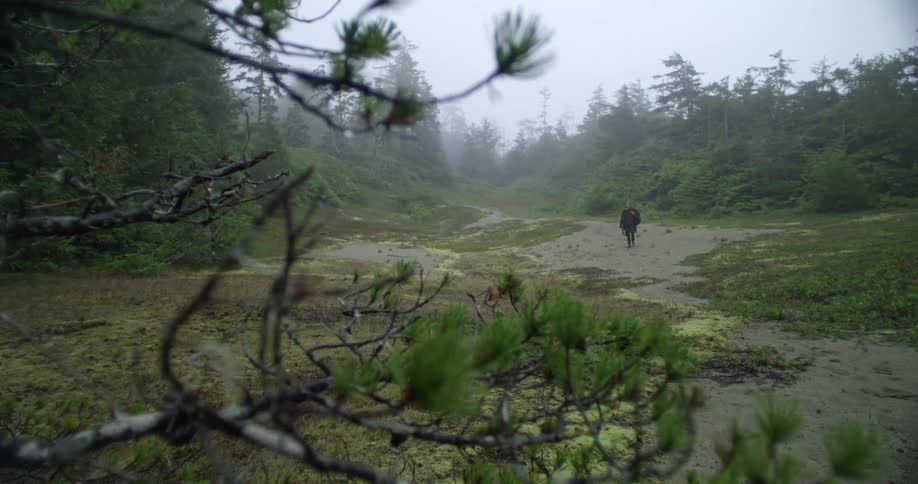 A man in coat walks through sand on foggy day