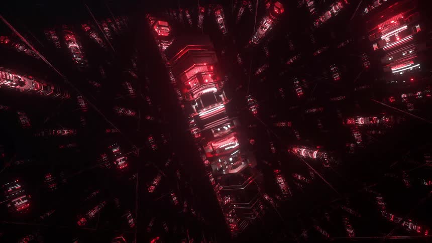 Large red and white metal futuristic electronic towers spiraling
