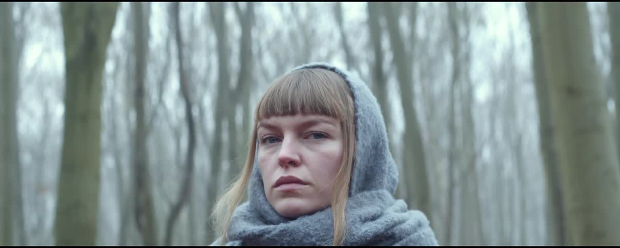 White woman wearing a scarf on her head standing in the middle of a forest at fall
