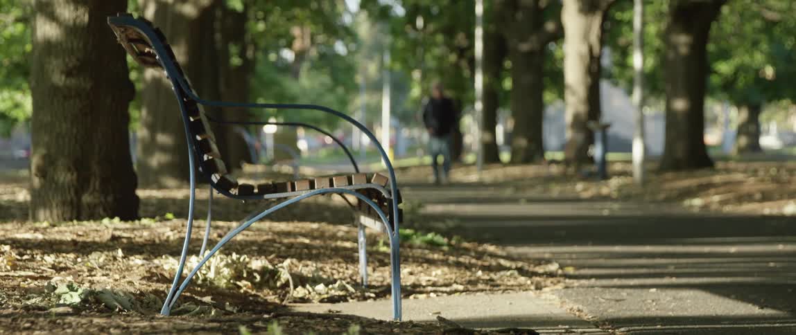 A person walks on a paved path in a park with trees and a bench