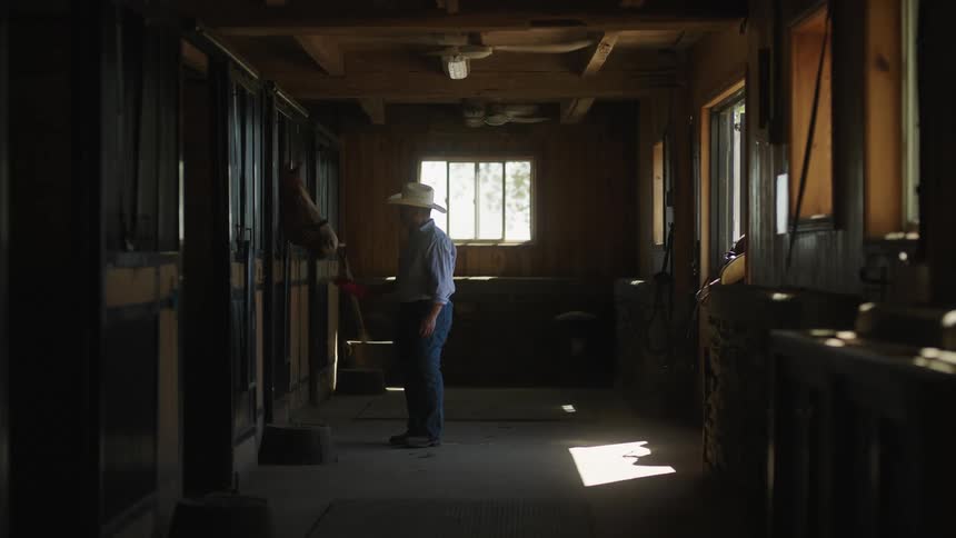 A man wearing a cowboy hat and jeans stands in a stable
