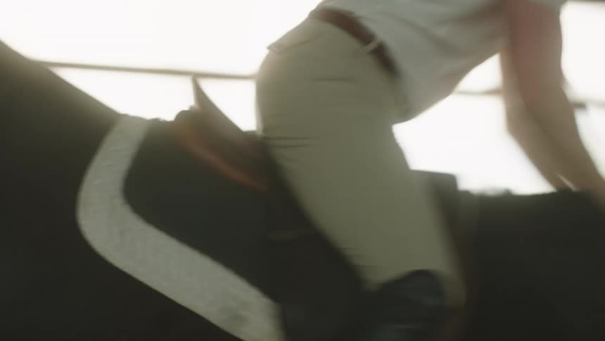 Man riding a horse over an indoors obstacle course trips a bar