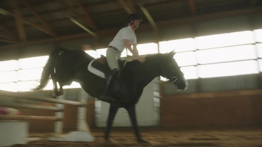 Person rides horse over series of jump in interior corral