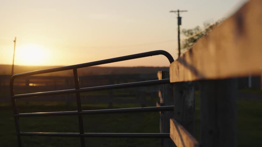 Open iron fence on corral door at sunset