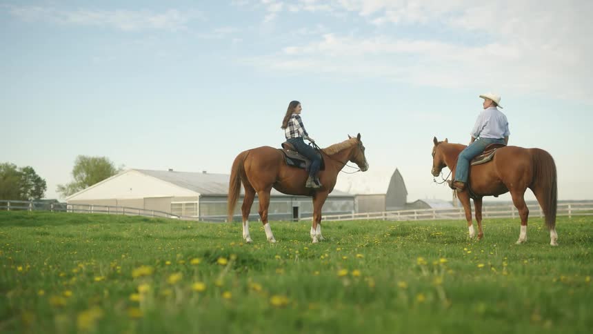 A man and a woman riding horses on the green grass on a ranch