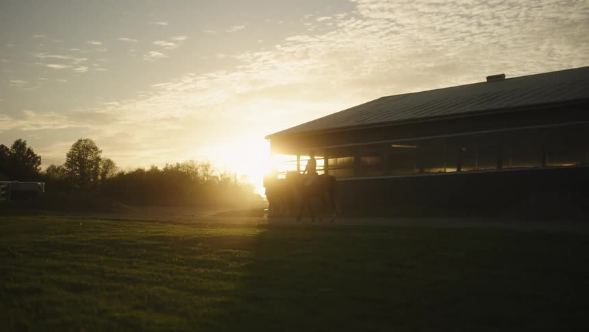 Two people ride horses past a stable at sunrise
