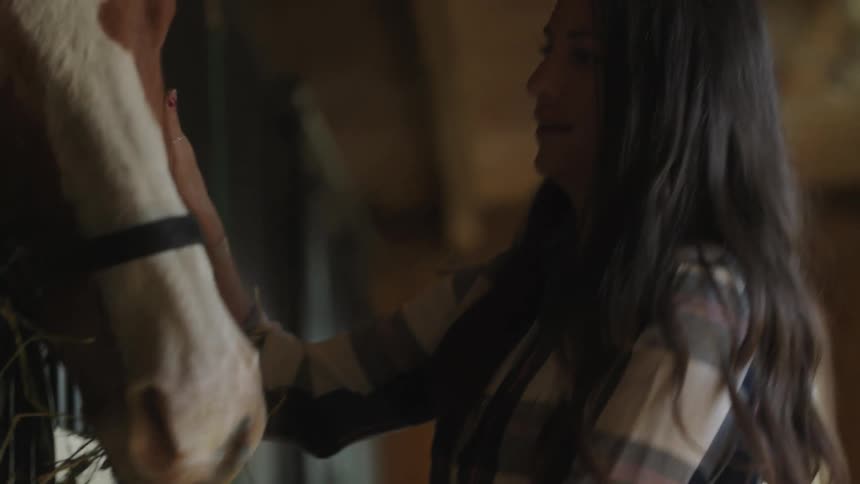 Woman petting and feeding a horse inside a stable
