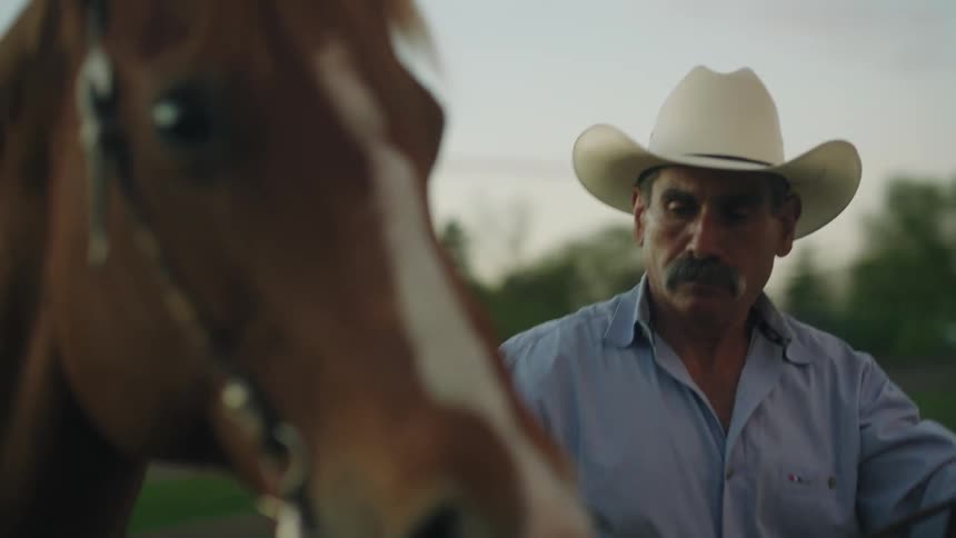 A man with a cowboy hat preparing a horse with trees the sky and clouds in the background