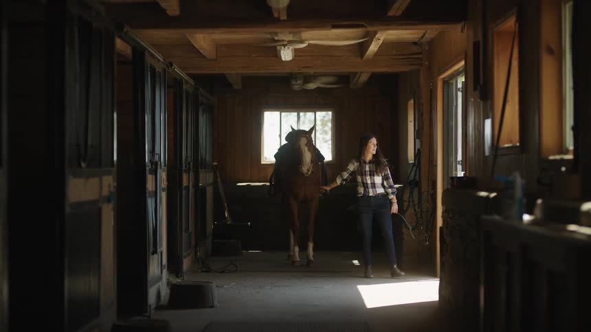 A woman leads a horse out of a stable