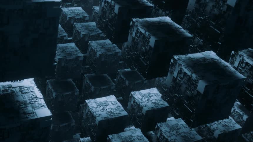 Animation of giant machine cubes floating in space in linear formations