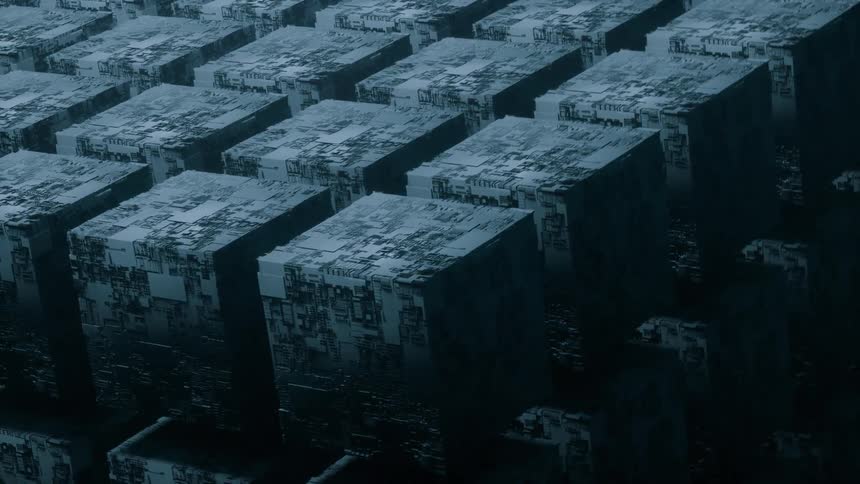 Giant cube machines separate in sci-fi environment