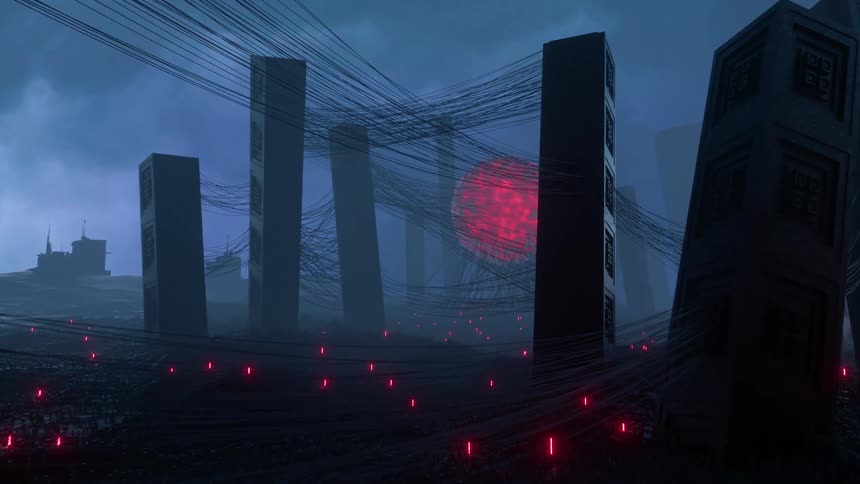 Data towers are connected by wires to an artificial intelligence in a science fiction environment