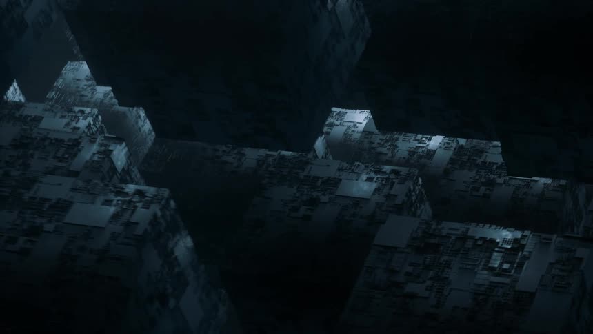 Giant cube machines separate within an abstract science fiction environment