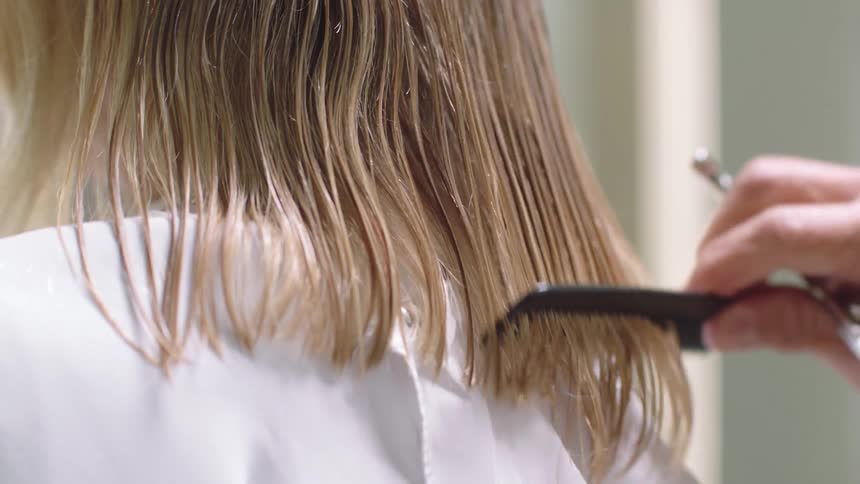 A hairdresser combs a womans hair during a trim